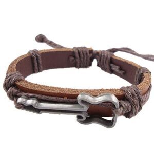 Guitar Outline Leather Hemp Adj Bracelet Brown Leather, Brown Hemp – Unisex 7–8"